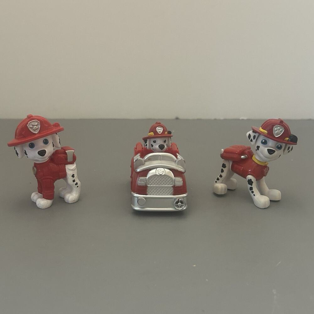Paw Patrol Toy Lot Fire Truck with Marshall Dog Attached and 2 Fire Dog Figures